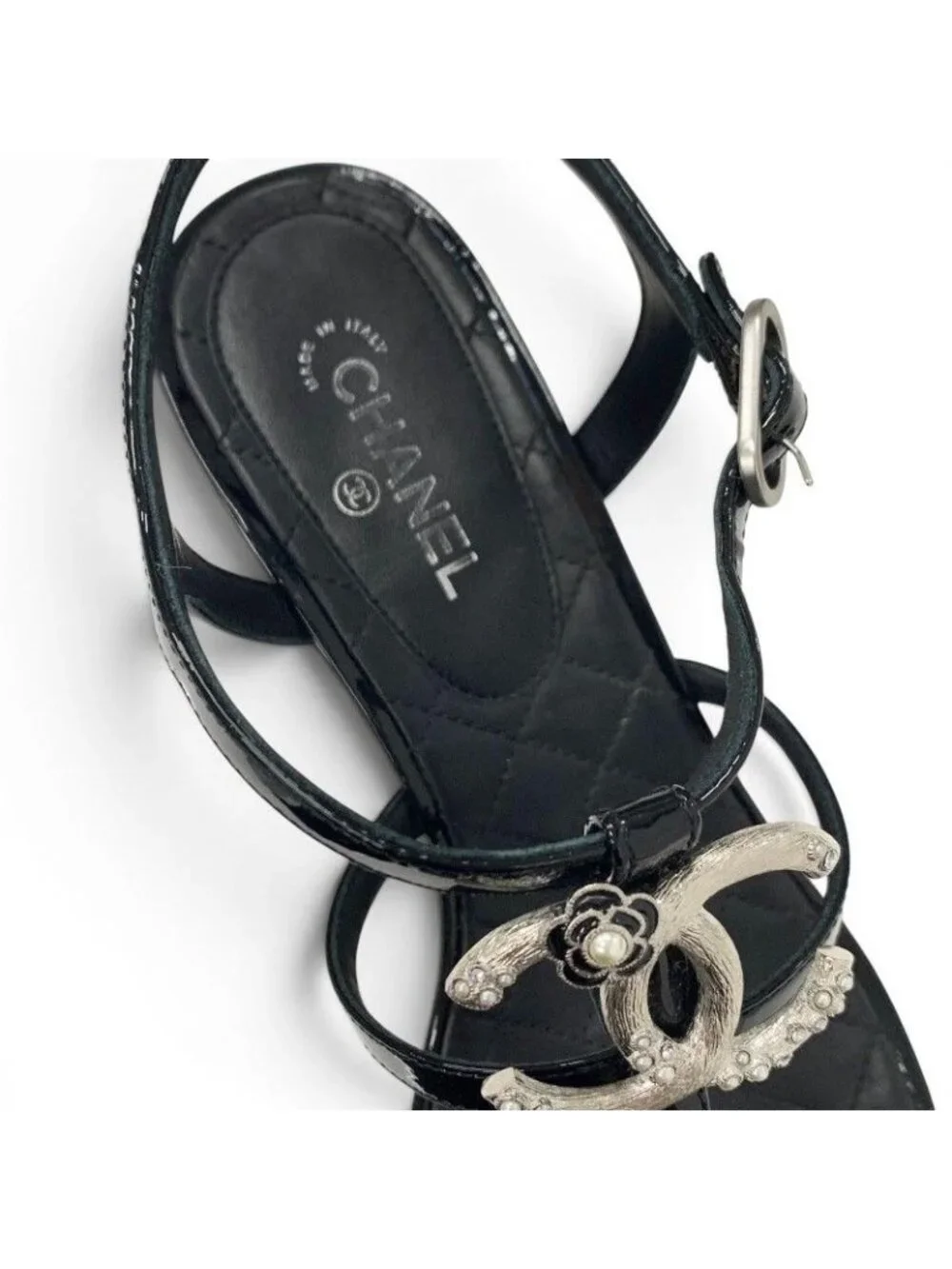 Chanel Sandals Shoes Patent Black Silver CC Logo Camellia Strap Thong